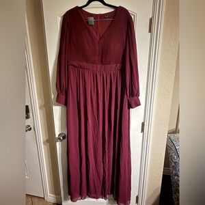 SHEIN Curve Long Sleeve Pleated Dress in Burgundy